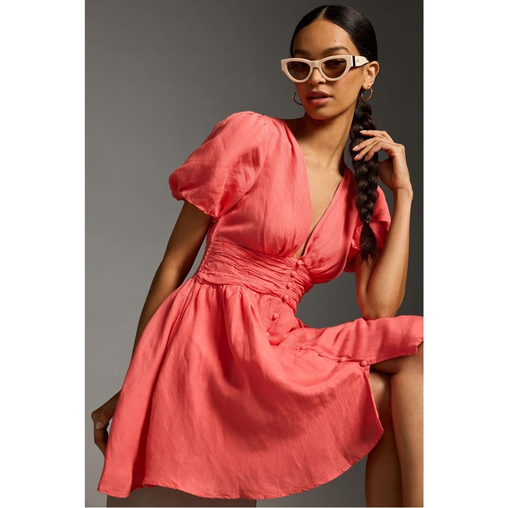 NWT Anthropologie Katerina Tangerine Button Front Puff Sleeve Linen Mini Dress L